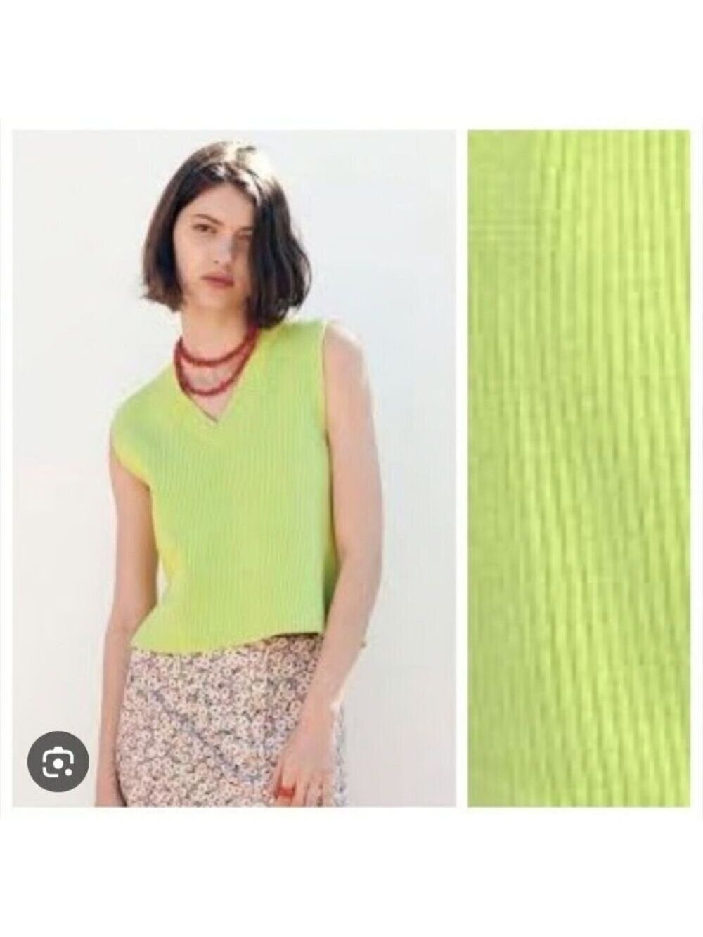 ZARA | V-neck Sweater Vest Ribbed Lime Green Cotton Sz S